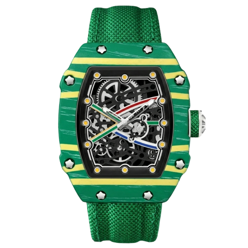 Martino Valenti TYRAVEX green tonneau sport watch with skeleton dial, yellow stripes, and textured silicone strap.