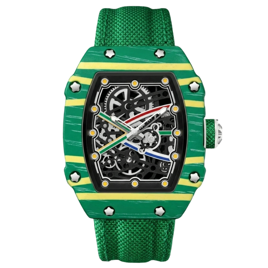 Martino Valenti TYRAVEX green tonneau sport watch with skeleton dial, yellow stripes, and textured silicone strap.
