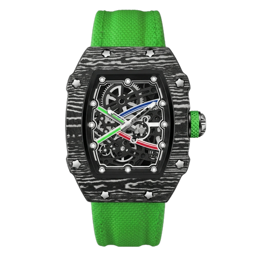 Martino Valenti Skeleton Tonneau Sport Watch with wood-grain black case, lime green strap, and exposed gear dial.
