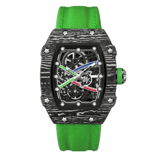 Martino Valenti Skeleton Tonneau Sport Watch with wood-grain black case, lime green strap, and exposed gear dial.