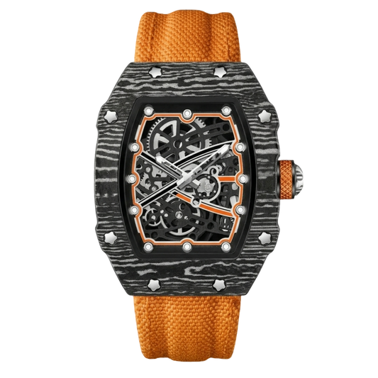Martino Valenti Skeleton Tonneau Sport Watch with wood-grain carbon bezel, orange canvas strap, and gear movement dial.