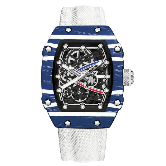 Giorgio Mareno KARYVEX Skeleton Tonneau Sport Watch with black dial, silver case, and sporty design.
