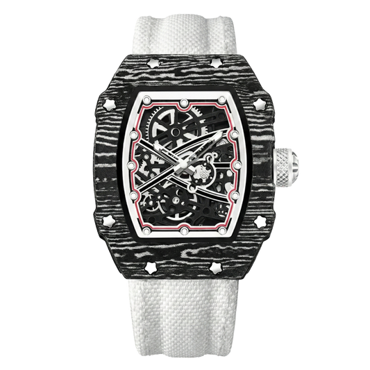 Skeleton Tonneau Sport watch by Giorgio Mareno featuring a skeleton dial and sporty design with black and silver tones.