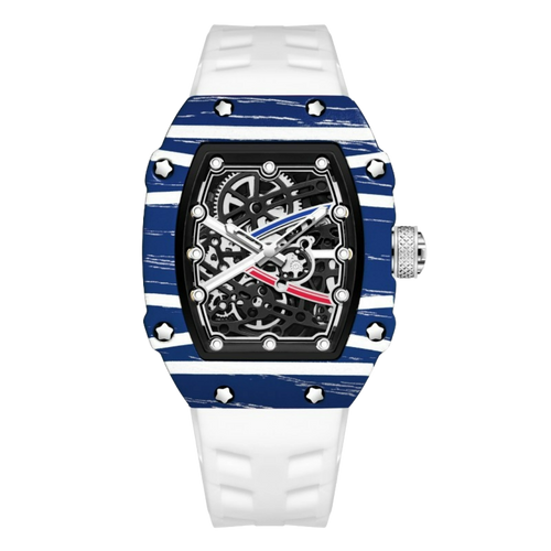 Skeleton sport watch by GIORGIO MARENO with black silicone strap, featuring a visible mechanical movement and modern design.