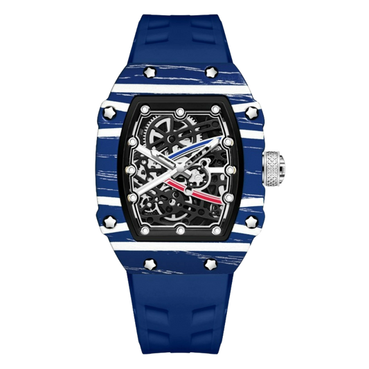 Skeleton sport watch by GIORGIO MARENO with a black silicone strap and skeleton dial, showcasing a modern, sporty design.