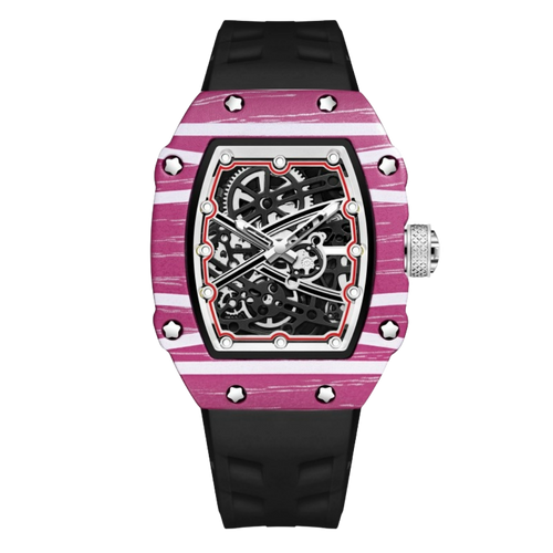 Giorgio Mareno BRYVANO Skeleton Sport Watch with black silicone strap, showing detailed skeleton dial and sporty design.