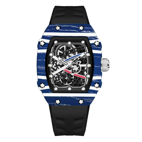 Skeleton sport watch with silicone strap from BRYVANO by GIORGIO MARENO, featuring a detailed skeleton dial and sporty design.