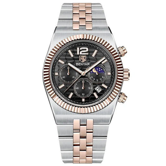 Giorgio Mareno MAVREX luxury men's watch with a sleek black dial and stainless steel band, close-up of the timepiece.