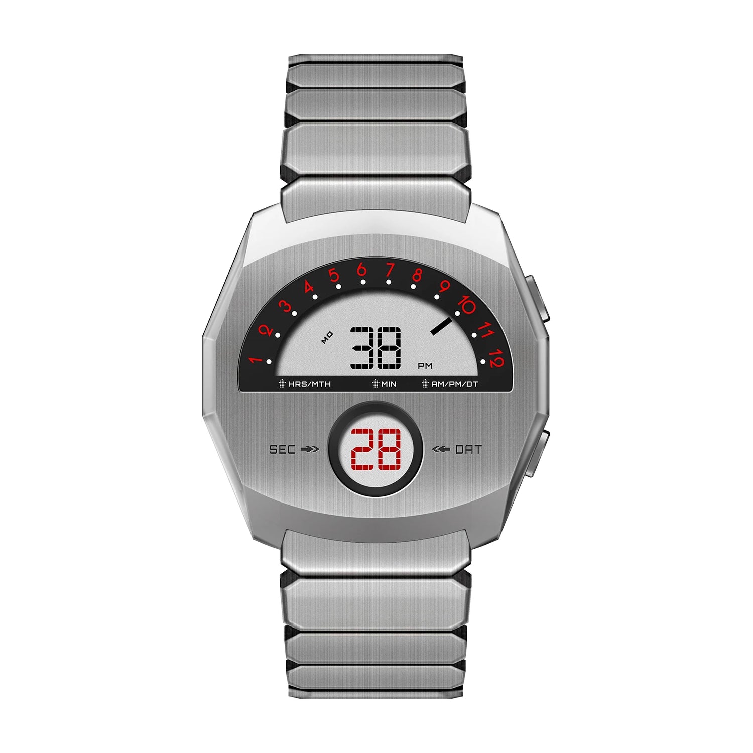 Giorgio Mareno NEPTIOR retro-futuristic metal digital dual display watch showing time and date with sleek design.