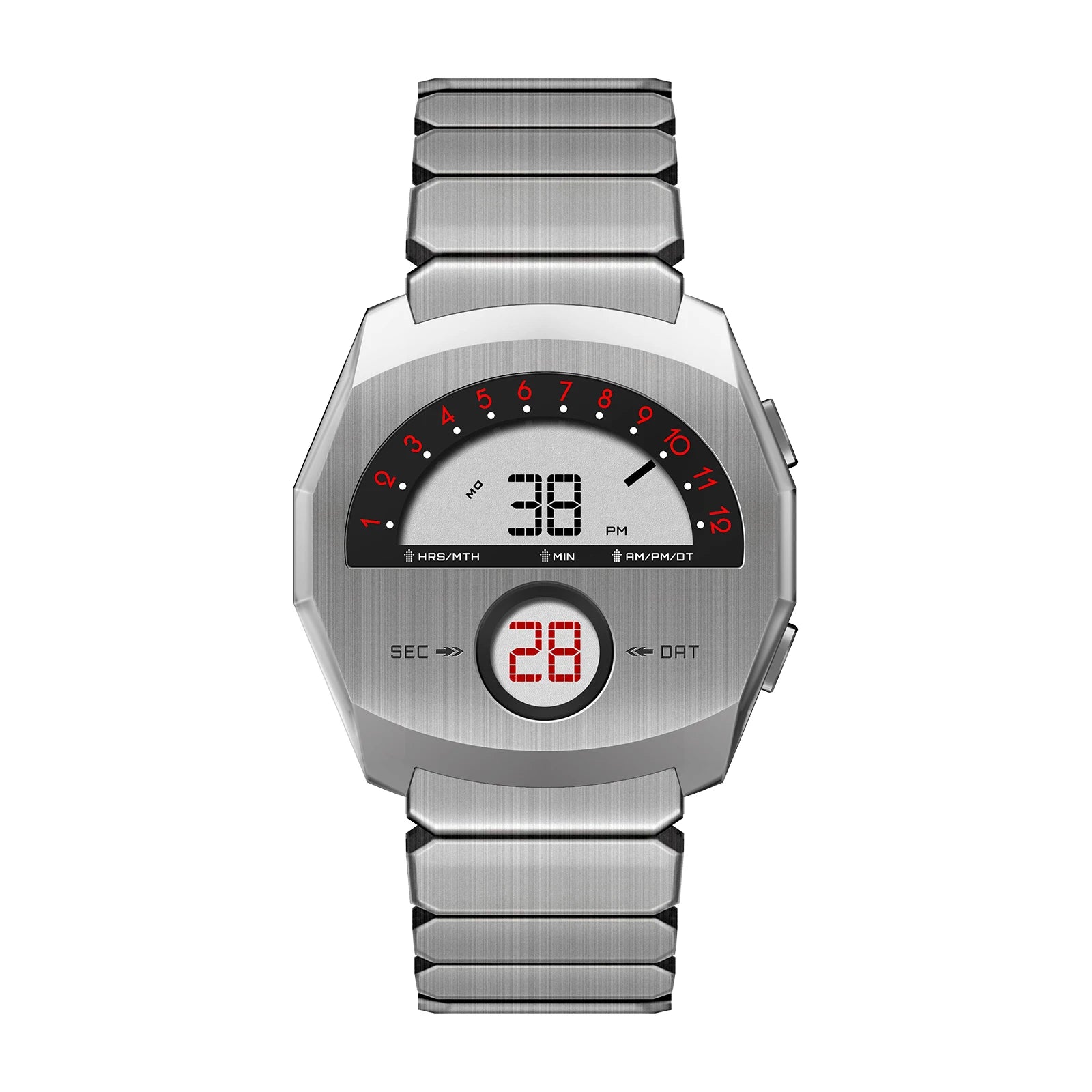 Giorgio Mareno NEPTIOR retro-futuristic metal digital dual display watch showing time and date with sleek design.