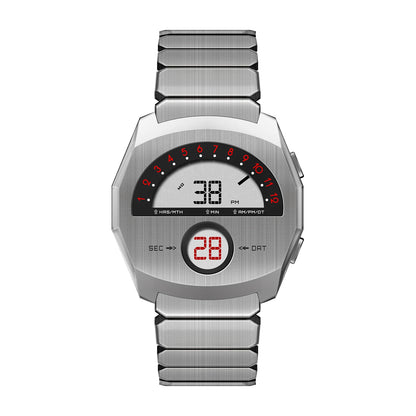 Giorgio Mareno NEPTIOR retro-futuristic metal digital dual display watch showing time and date with sleek design.