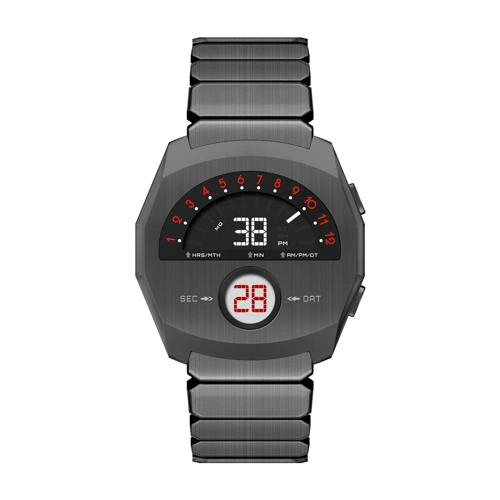 Modern stainless steel digital watch by Giorgio Mareno with red LED dual display, featuring a retro-futuristic design.