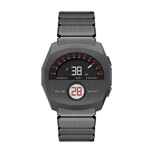 Fiorist futuristic digital metal watch with dual display and metal bracelet by GIORGIO MARENO, showcasing its sleek, modern design.