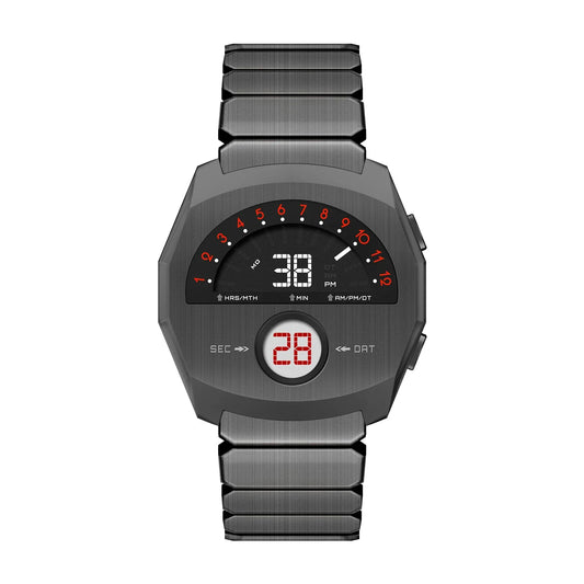 Fiorist futuristic digital metal watch with dual display and metal bracelet by GIORGIO MARENO, showcasing its sleek, modern design.